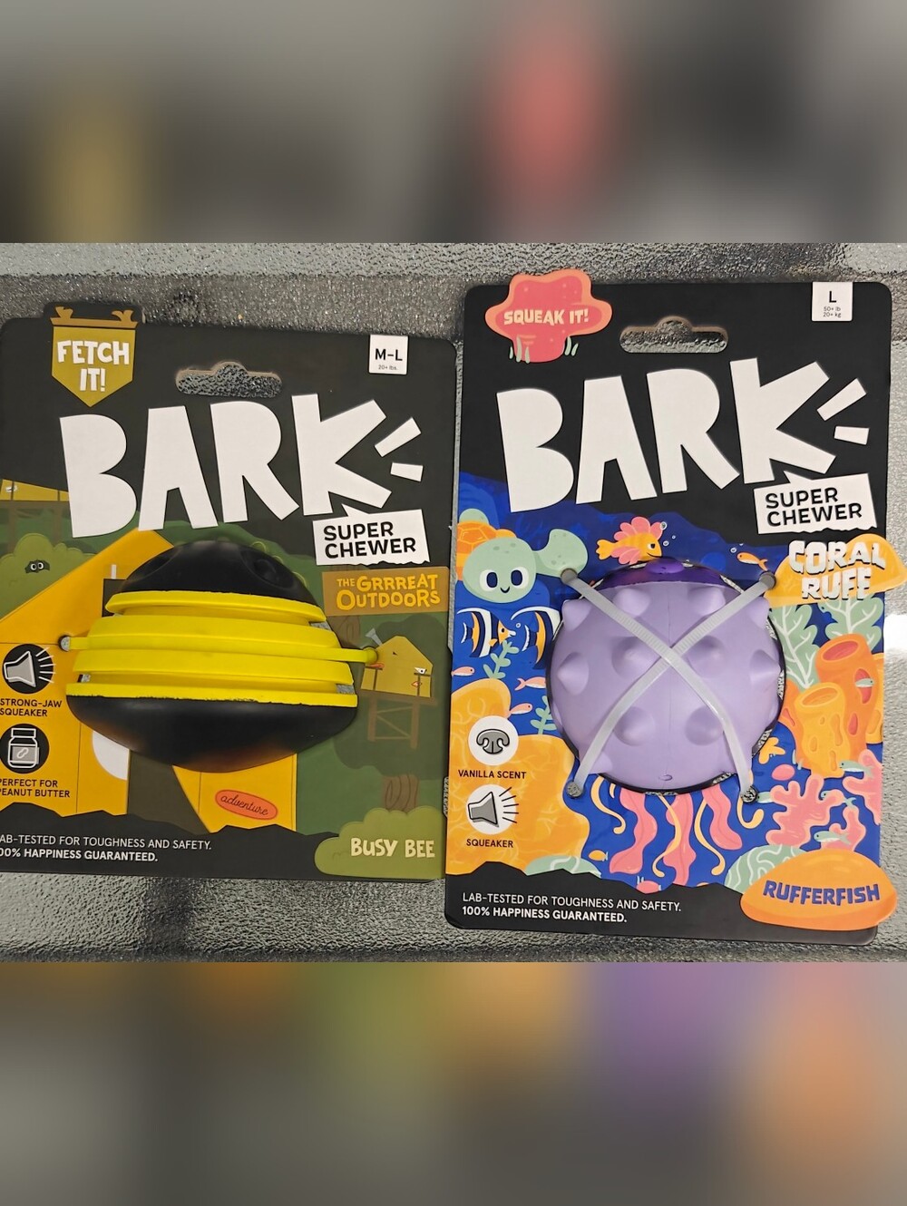 BARK Super Chewer Dog Toys Set Busy Bee Treat Dispenser + Rufferfish Squeaky Dur